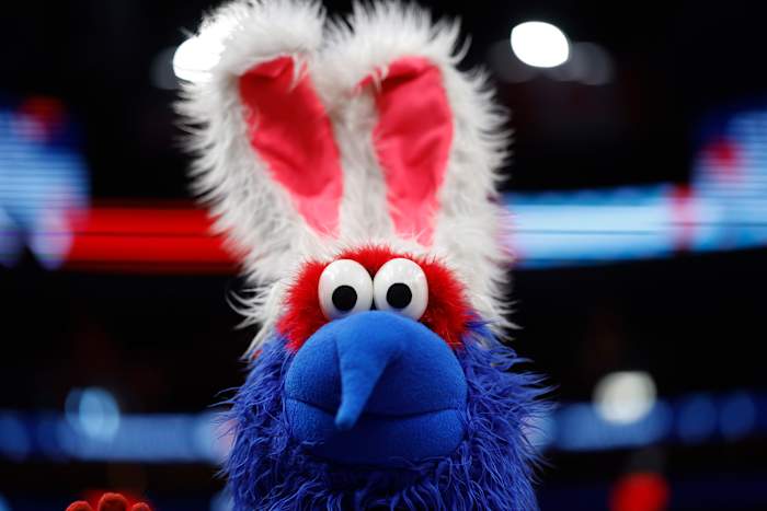 Washington Wizards mascot G Wiz stands on the court during a timeout against the Houston Rockets in the third quarter at Capital One Arena.